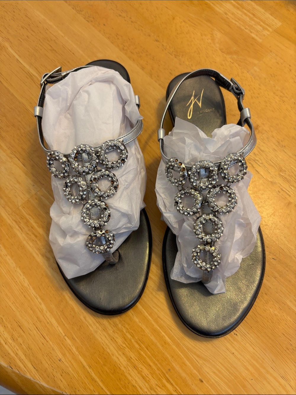 J. Vincent RingDing041 Silver Crystal-Embellished T-Strap Sandals